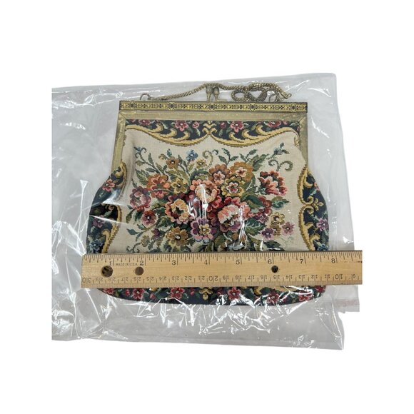 Floral Petit Point Tapestry Evening Clutch Bag Chain Handle Kiss Lock Vintage - Picture 8 of 9